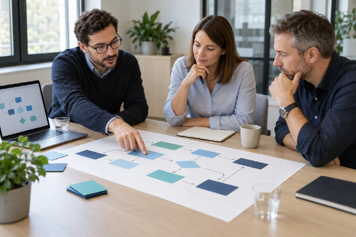 A team reviewing the steps of a business process before automation