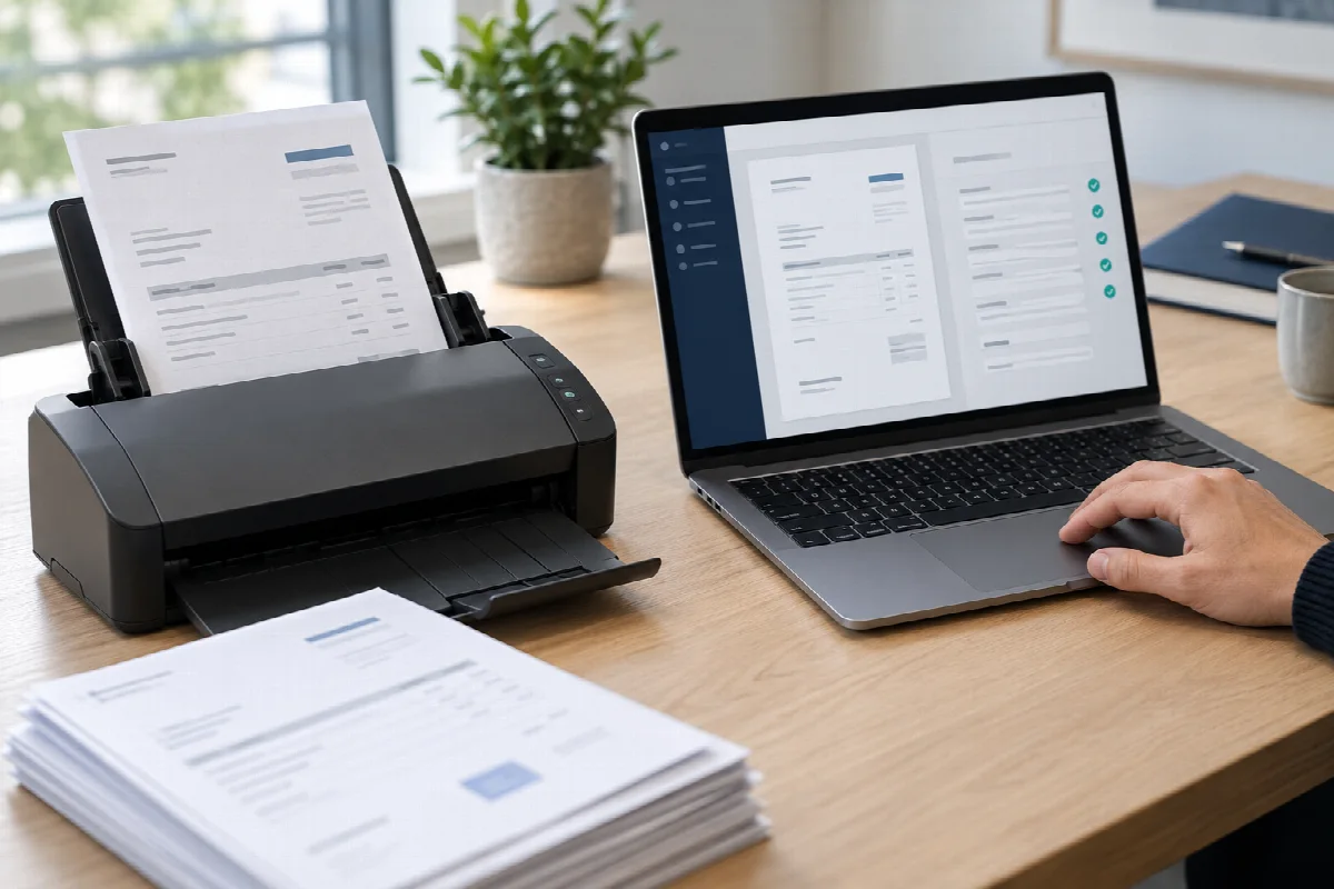 Scanning a business document and reviewing extracted data on a laptop